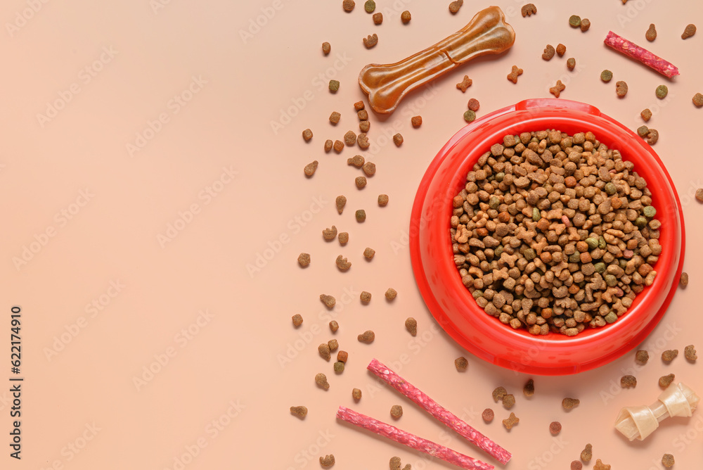 Composition with bowl of dry dog food and different treats on color background