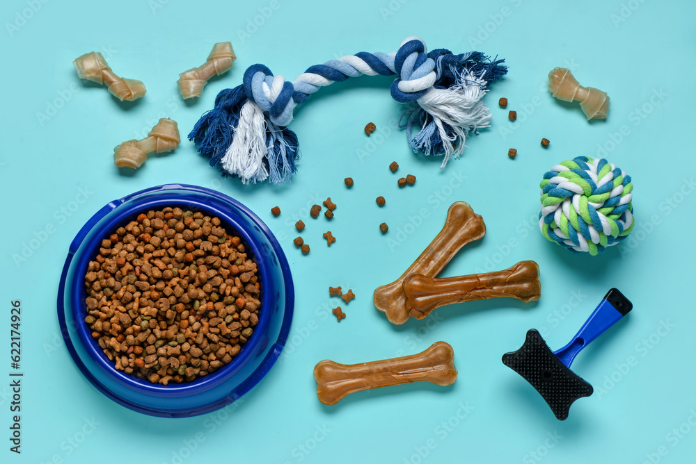 Composition with different dog treats and pet care accessories on color background