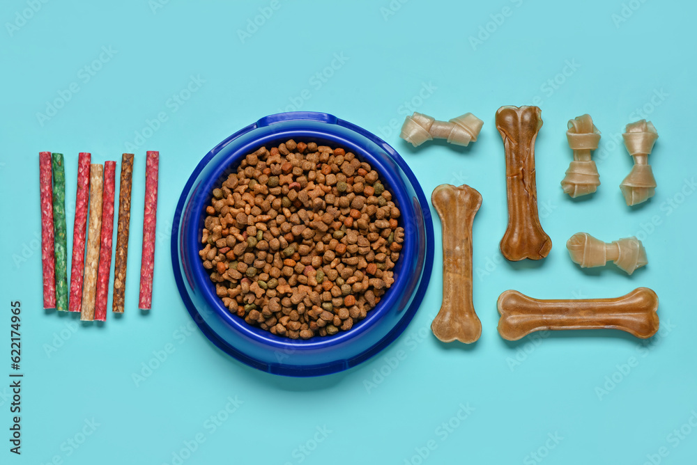 Composition with different dog treats and dry food on color background