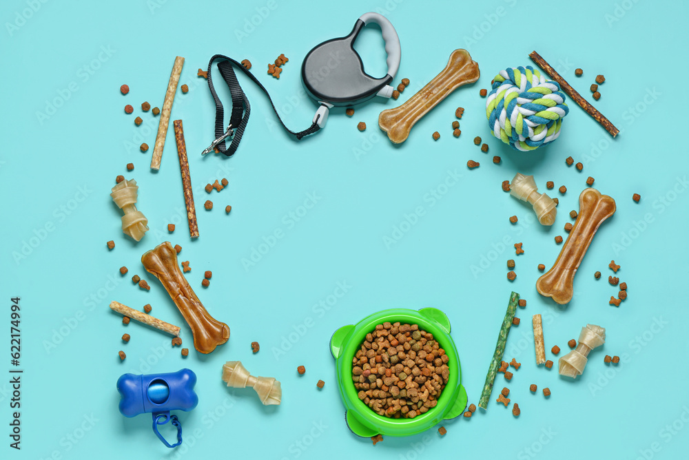 Frame made of different dog food and pet care accessories on color background