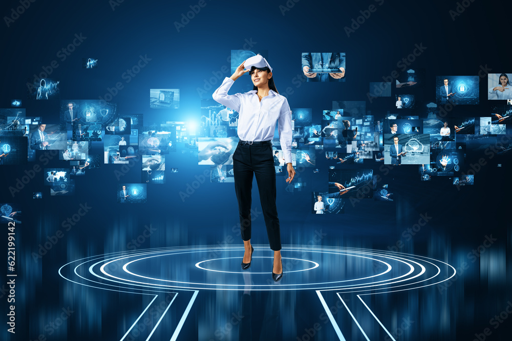 Attractive young european businesswoman with VR glasses standing on abstract teleport with metaverse