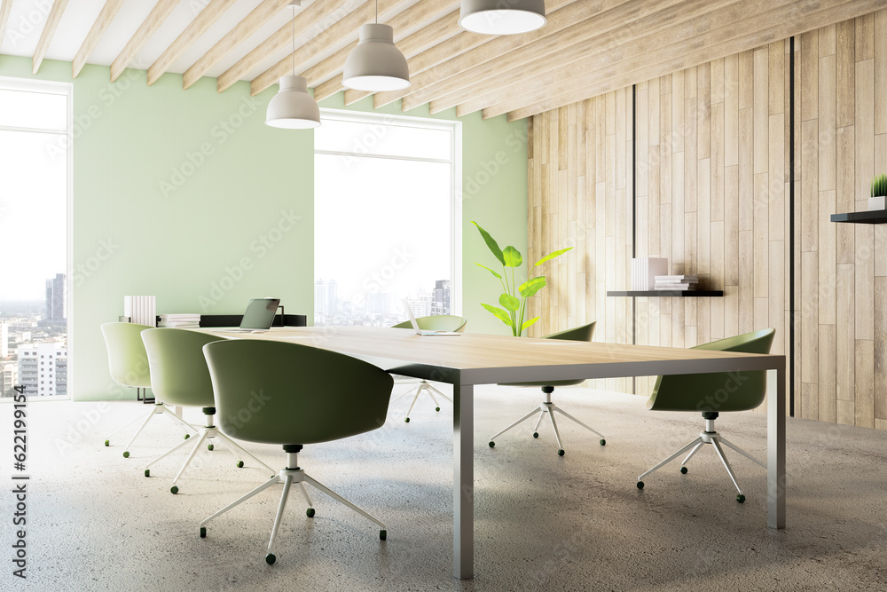 Perspective view of light modern office coworking interior with large wooden desk, armchairs, concre