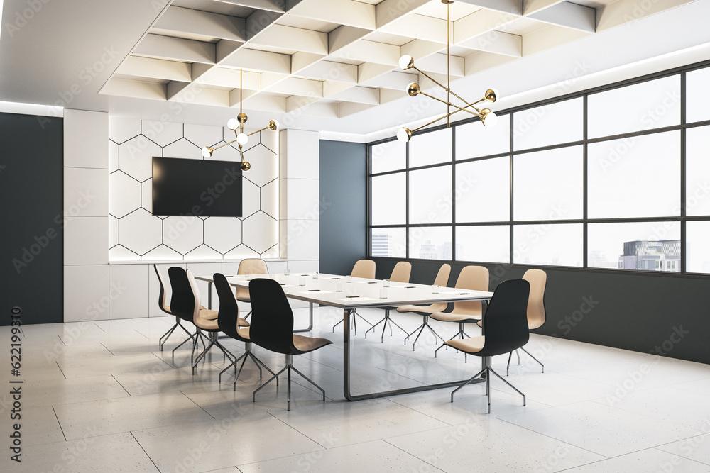 Perspective view of modern meeting room with tile floor and window with city view on background. 3D 