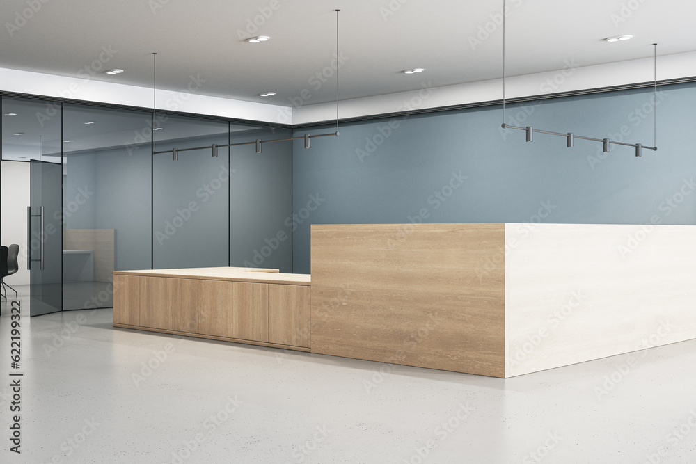 Clean concrete and wooden office lobby interior with various items. 3D Rendering.