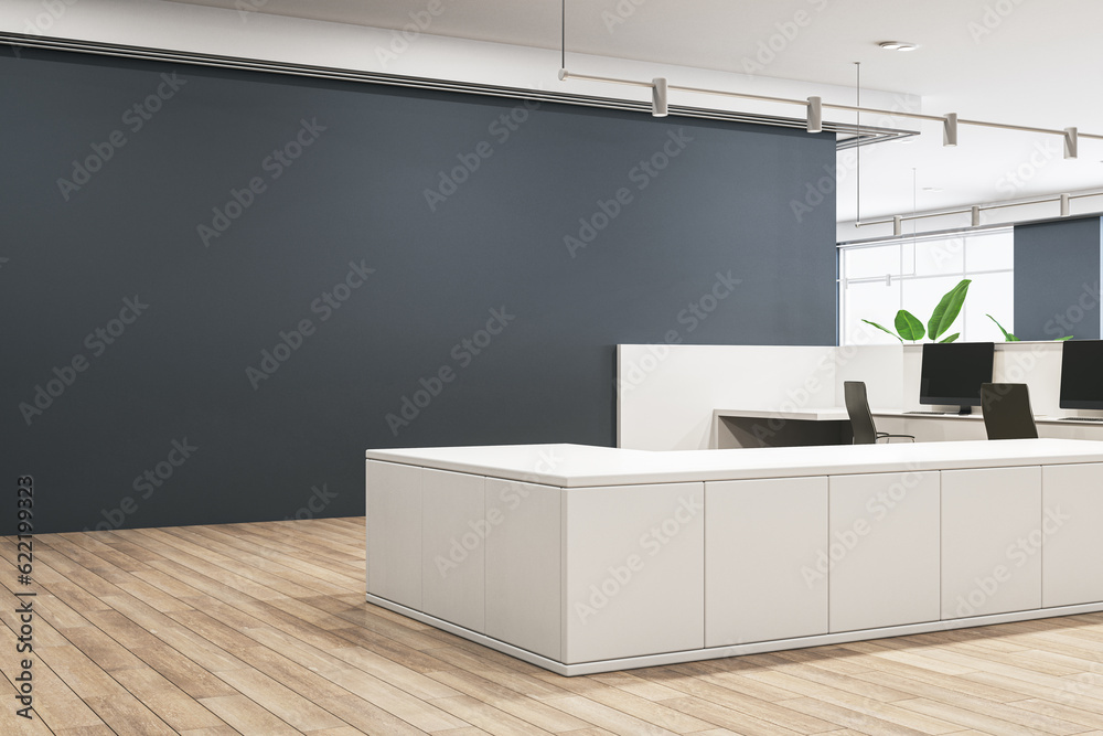 Contemporary concrete and wooden office lobby interior with empty mock up place on gray wall and var