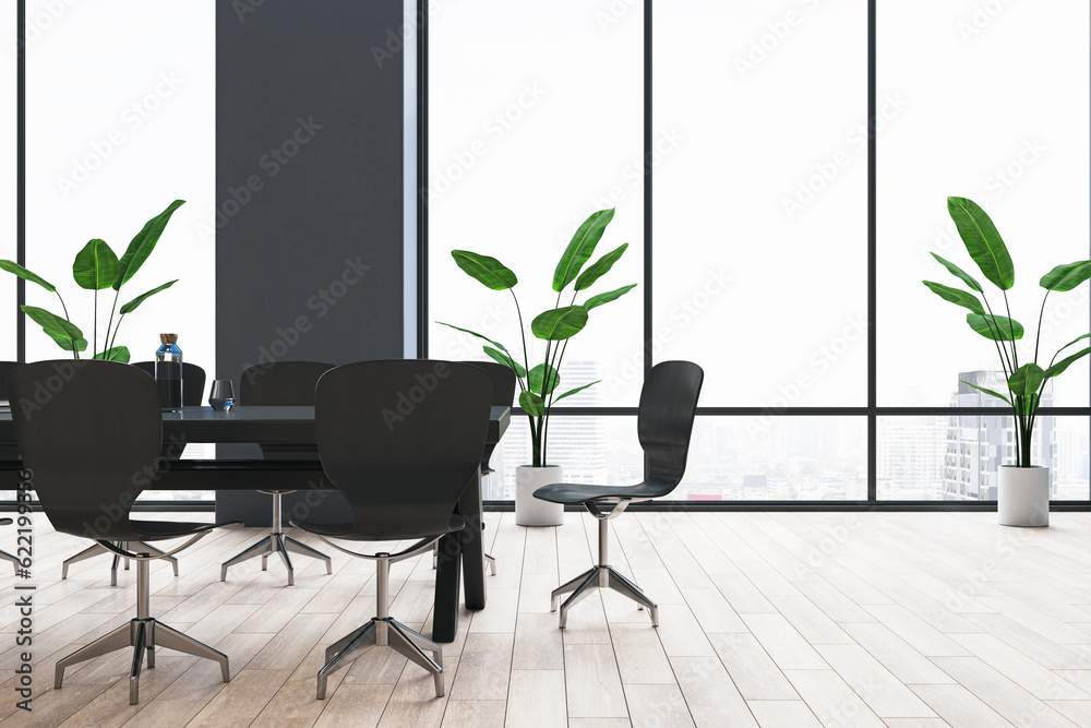 Empty contemporary meeting room interior with table and chairs, decorative plant in pots. 3D Renderi