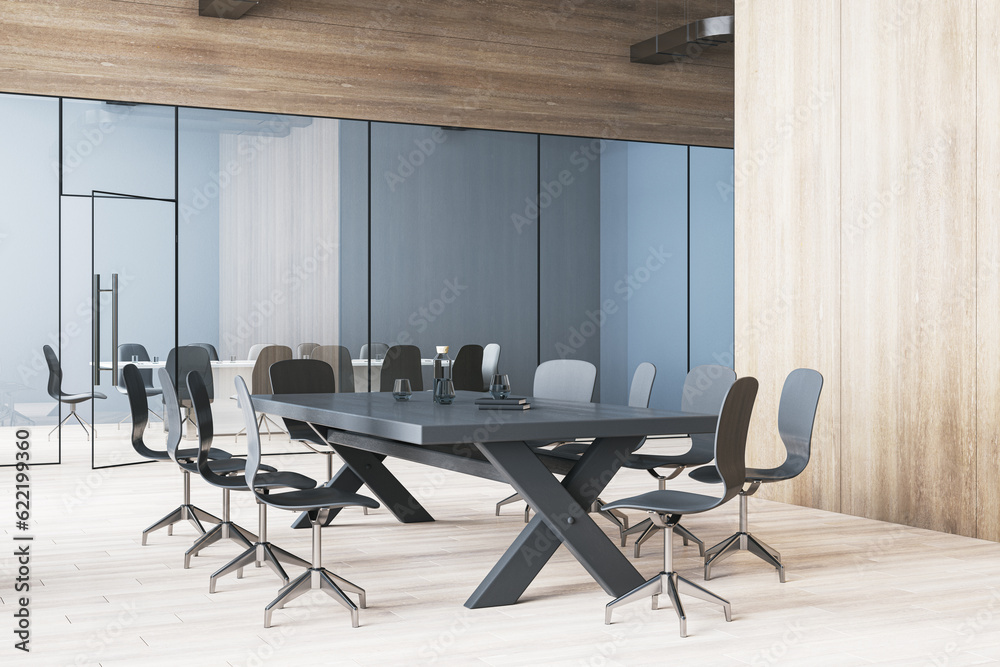 Clean meeting room interior with table and chairs, decorative objetcs. 3D Rendering.