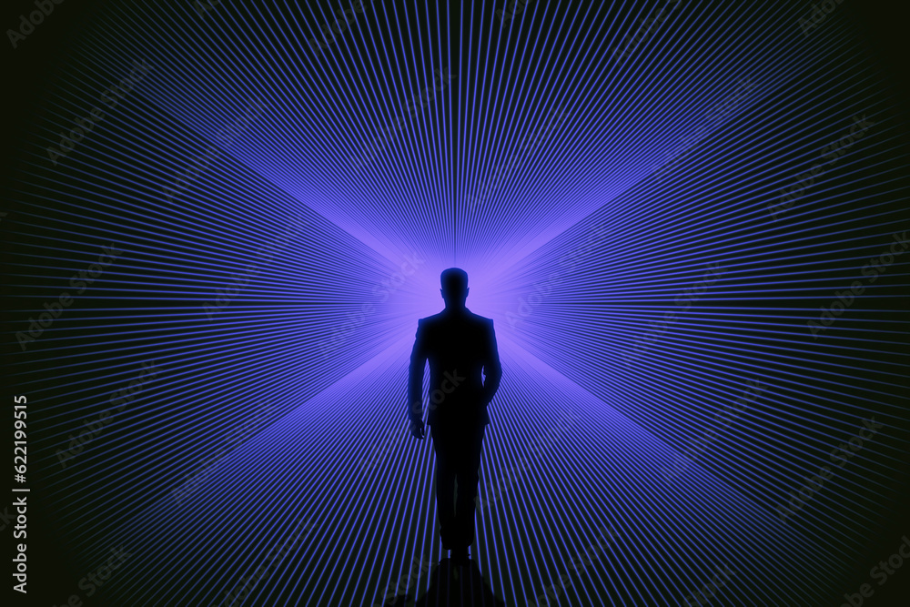 Conceptual image of businessman silhouette on bright blue lines background. Success, metaverse and d