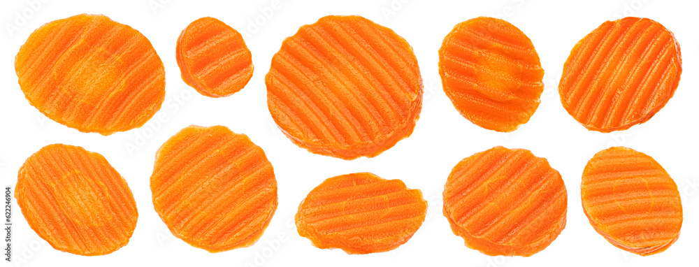 Pickled and marinated carrot slices isolated on white background