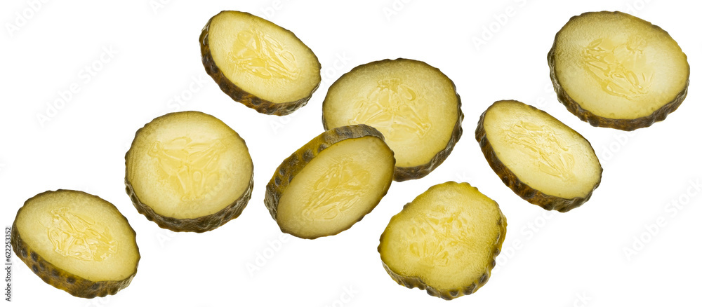 Pickled cucumber slices isolated on white background