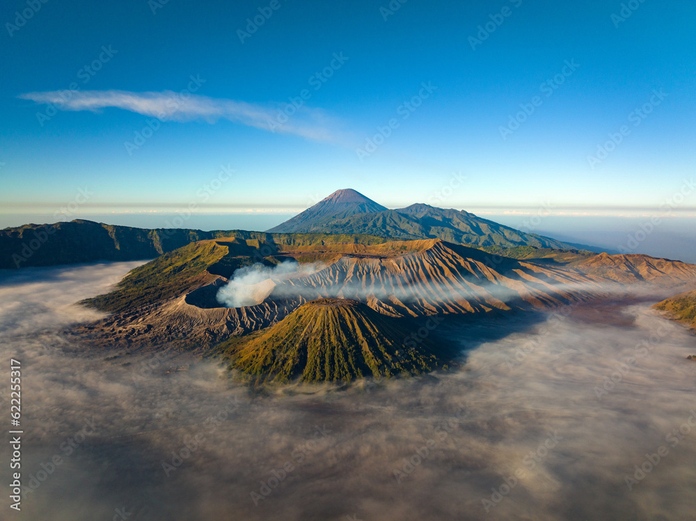 Aerial view Mount Bromo active volcano at sunrise, East Java, Indonesia