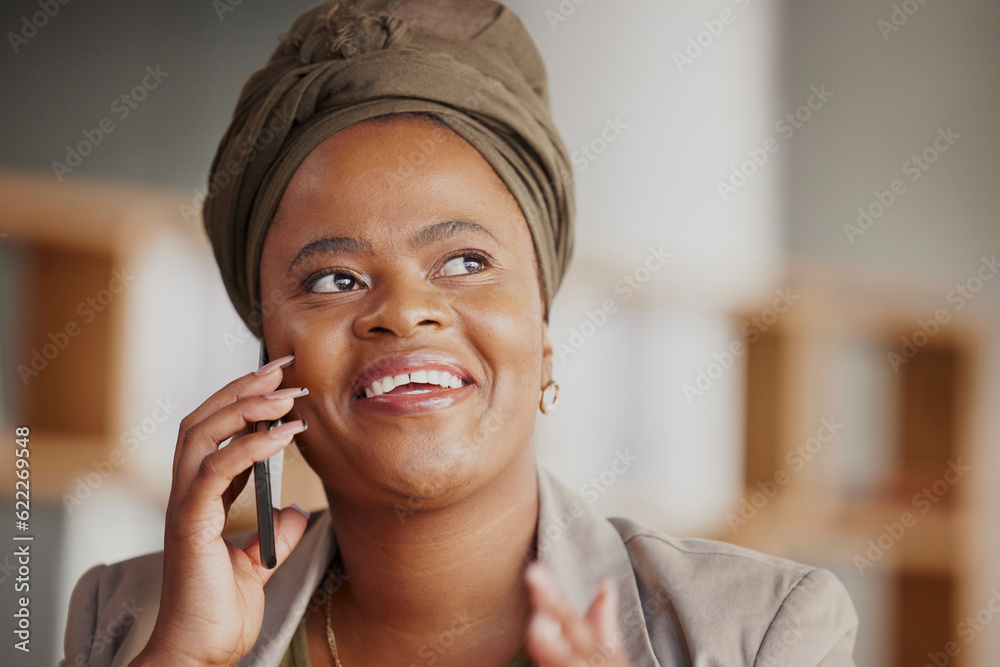 Business, black woman and phone call on cellphone in office for communication, consulting or network