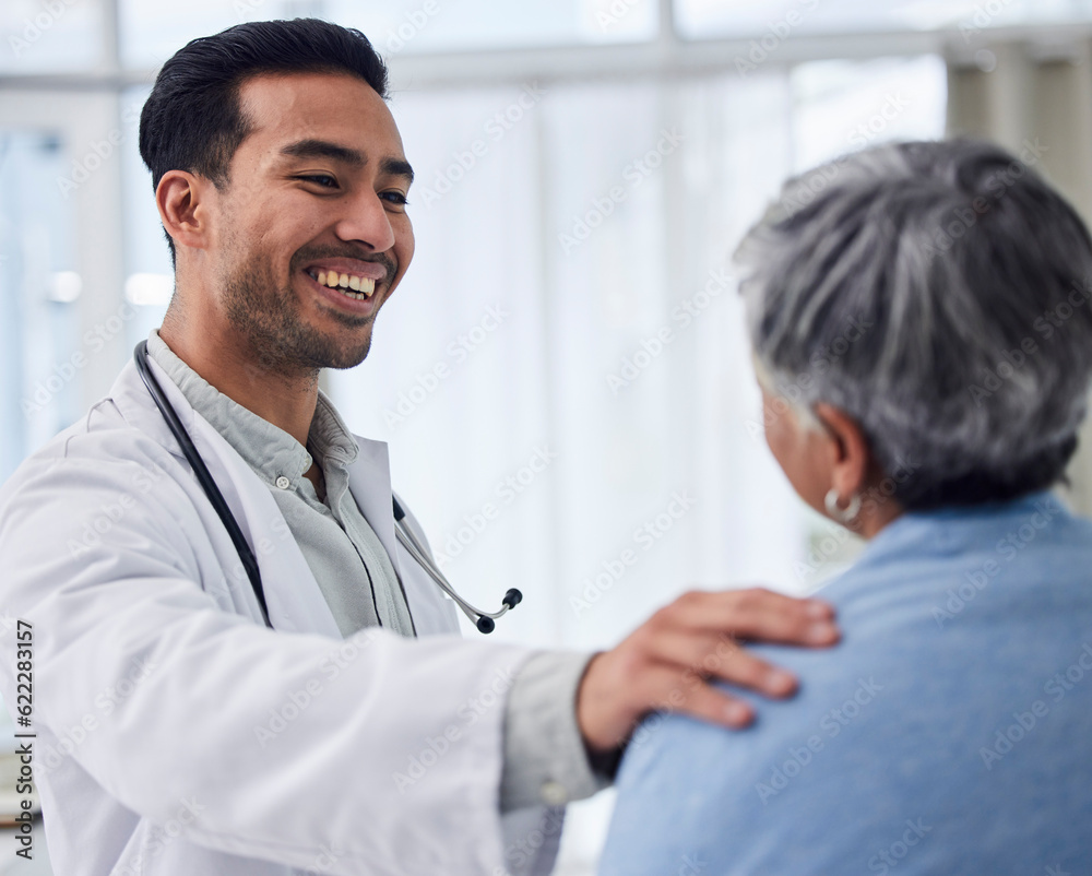 Happy asian man, doctor and patient for consultation, checkup or healthcare appointment at the hospi