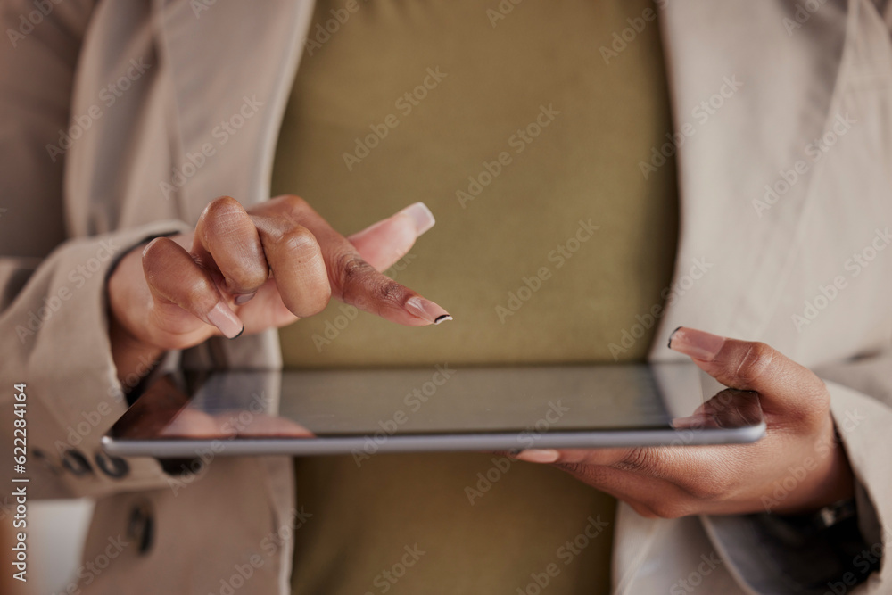 Business woman, hands or scroll on tablet for planning research, company data or internet informatio