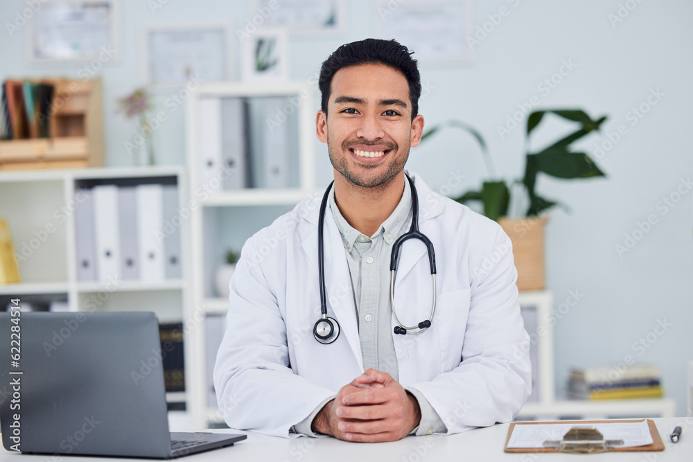 Doctor, portrait and man in healthcare office for consultation, support and services with management