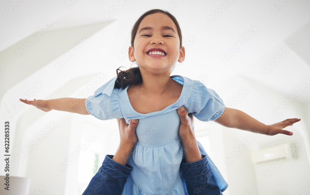 Airplane, game and portrait of girl child with father in a living room with love, bonding and having