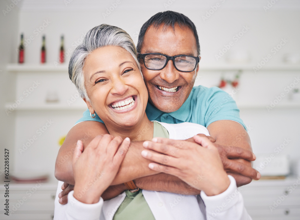 Hug, love and happy with portrait of old couple for support, smile and relax. Happiness, kindness an