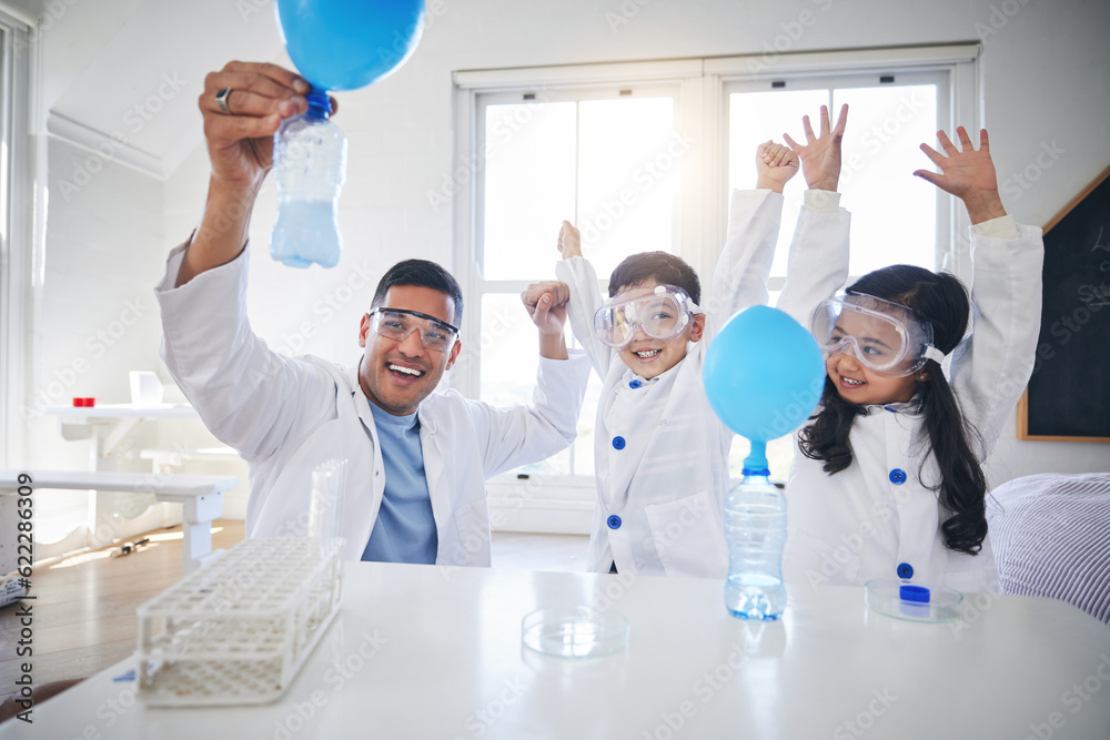 Science, happy family and father with kids in living room with balloon for chemistry, reaction or ex