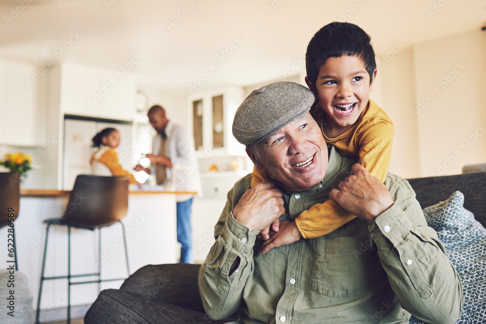 Home, grandfather and boy relax, hug and happiness with love, family and quality time in the lounge.