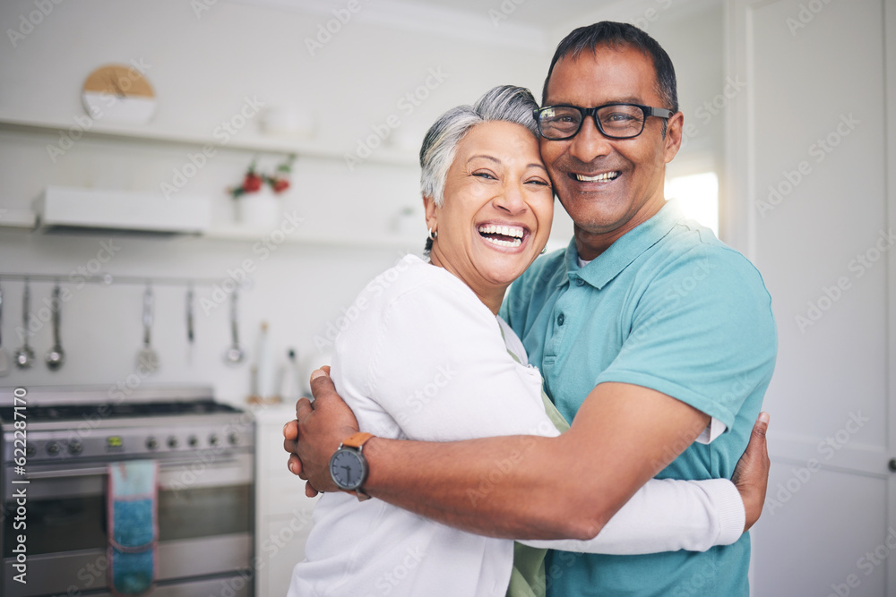 Happy, hug and smile with portrait of old couple for support, love and relax. Happiness, kindness an