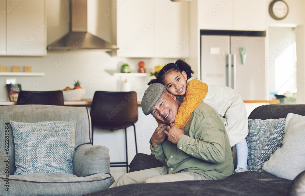 Hug, grandfather playing or portrait of happy child in family home on sofa with love bonding togethe