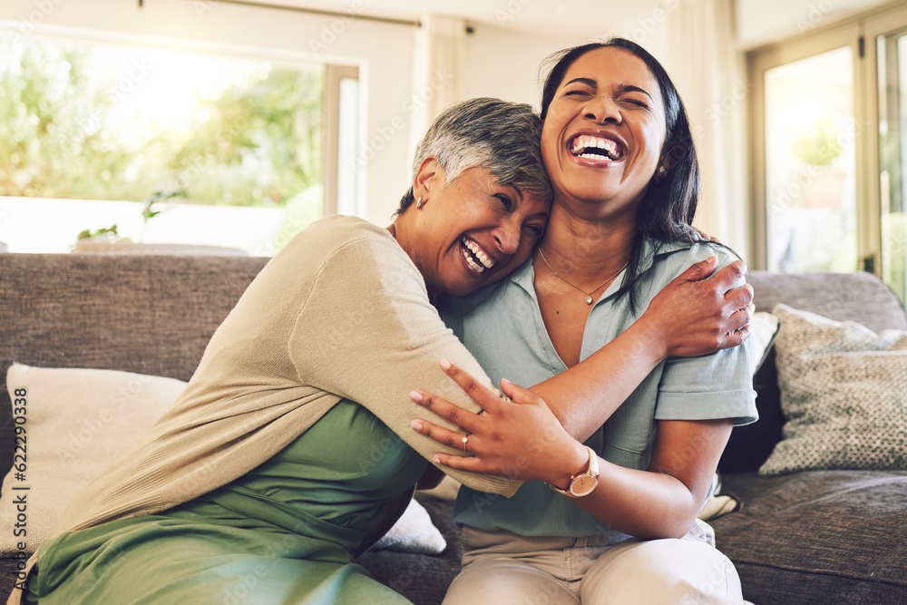 Senior mother, funny and hug woman in living room, bonding and laughing together. Happy, elderly mom