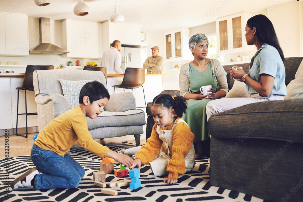 Family home, kids and siblings with toys, living room and play on floor with grandparents, parents o