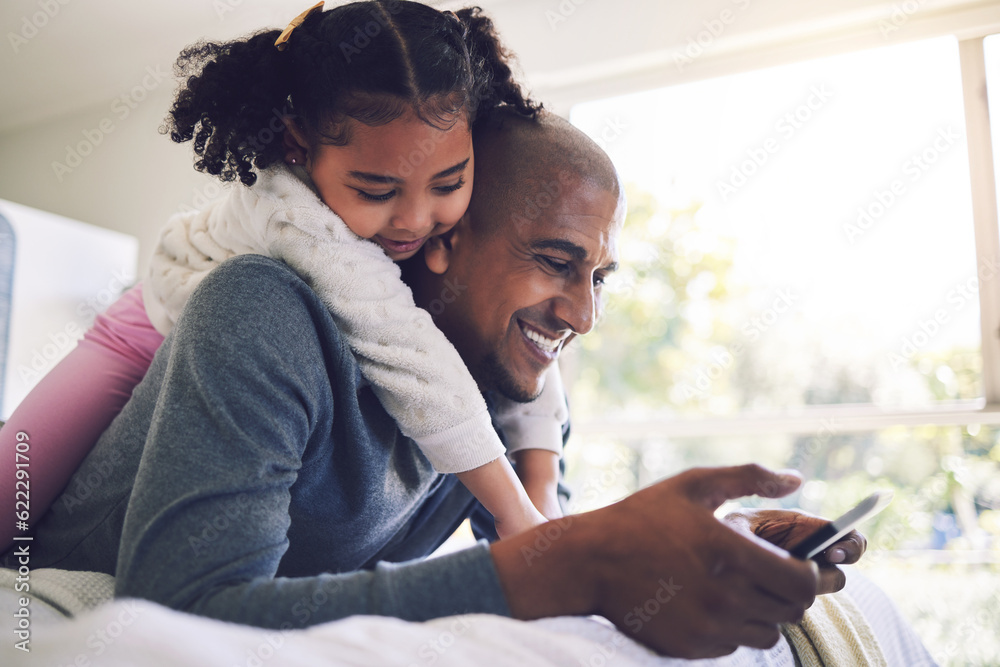 Father, girl and phone in bedroom together, relax and search for funny video, meme and happy in fami