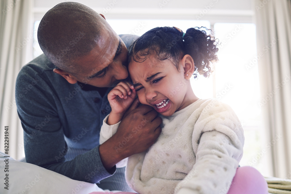 Father, crying girl child and comfort with talk, care and support with love, bonding and help in fam