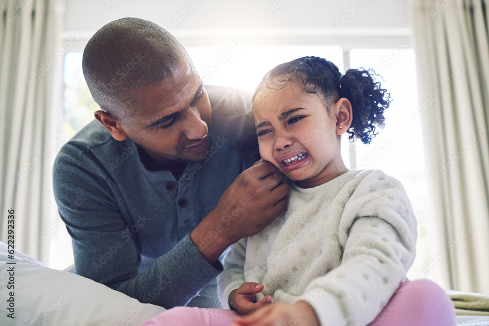 Father, crying girl kid and comfort with talk, care and support with love, bonding and help in famil