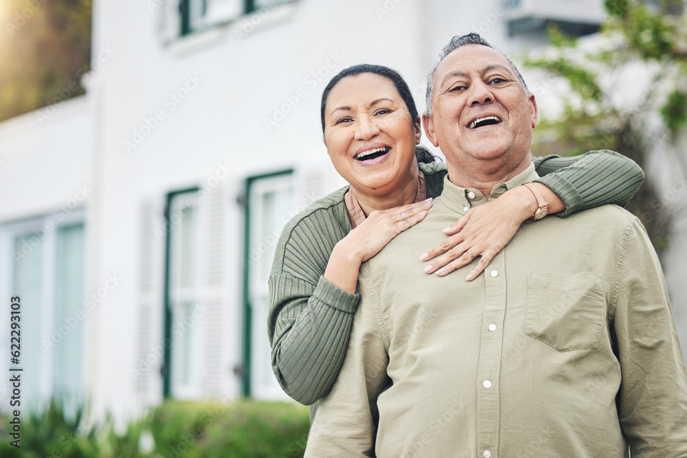 Love, portrait and senior couple embracing in the backyard garden of their family home. Happy, smile