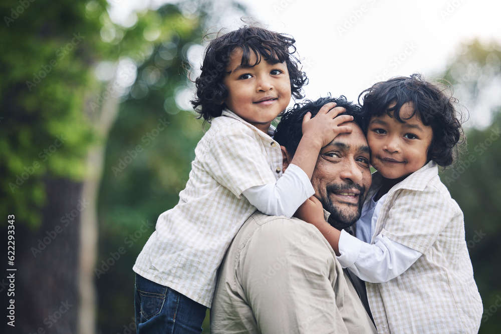 Portrait, smile and father with children at park, nature or outdoor on vacation. Face, happy family 