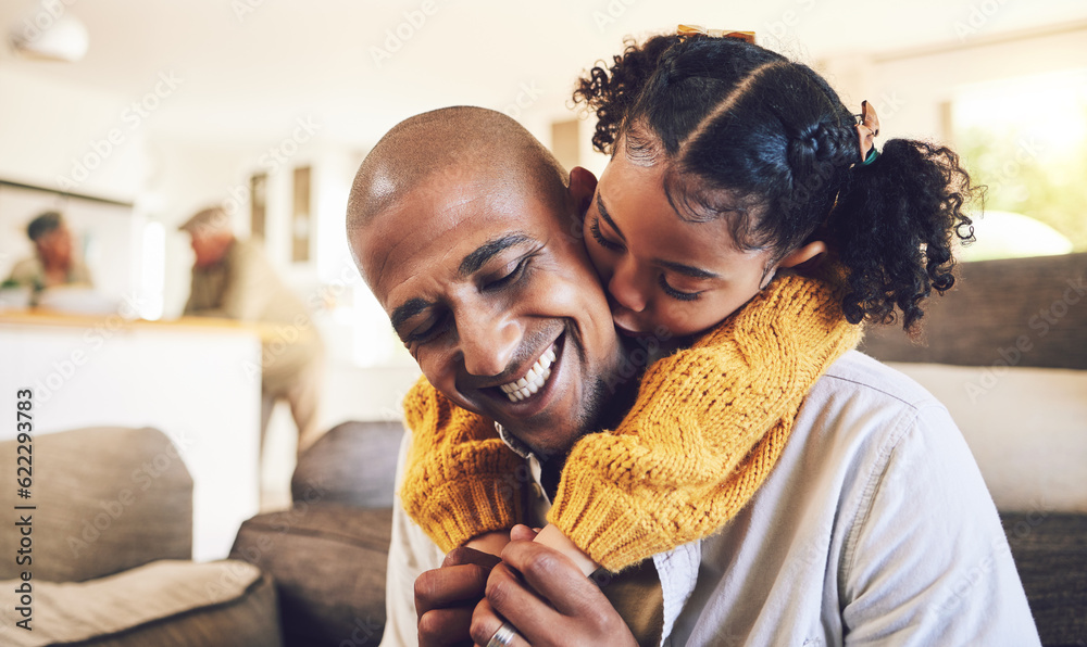 Happy father, kiss and piggyback child in home, bonding and having fun together. Smile, dad and carr