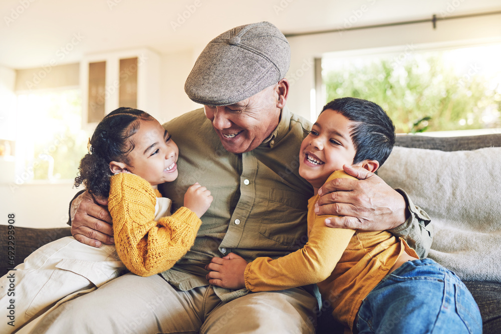 Hug, grandfather or happy children in family home on sofa with love enjoying quality bonding time to