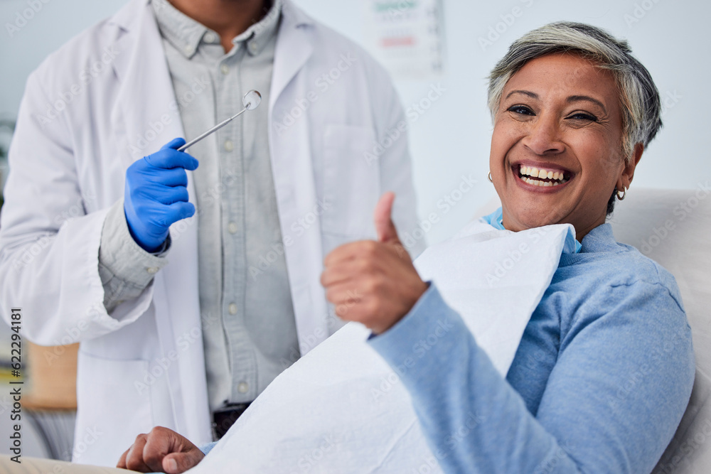 Happy woman, teeth and thumbs up for dentist in dental care, appointment or checkup at clinic. Senio