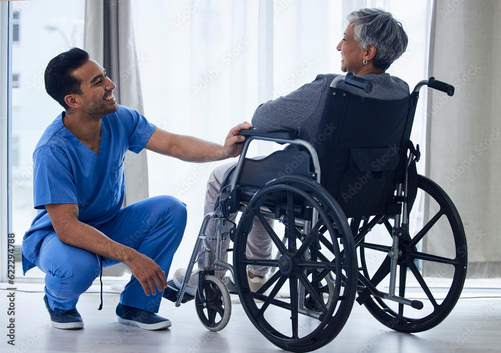 Nurse, wheelchair and happy woman with support, healthcare service and medical kindness or nursing. 