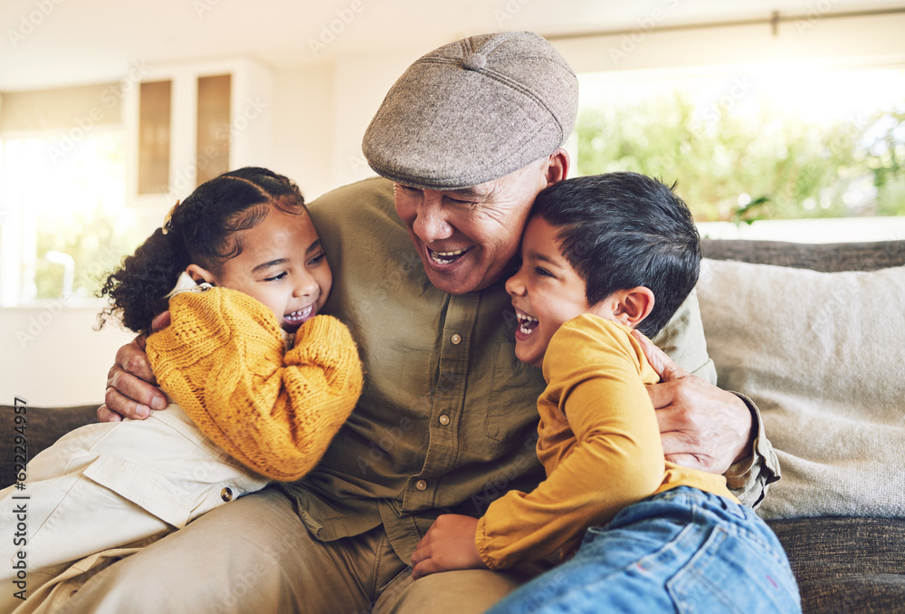 Hug, grandpa or happy kids laughing in family home on sofa with love enjoying bonding time together.