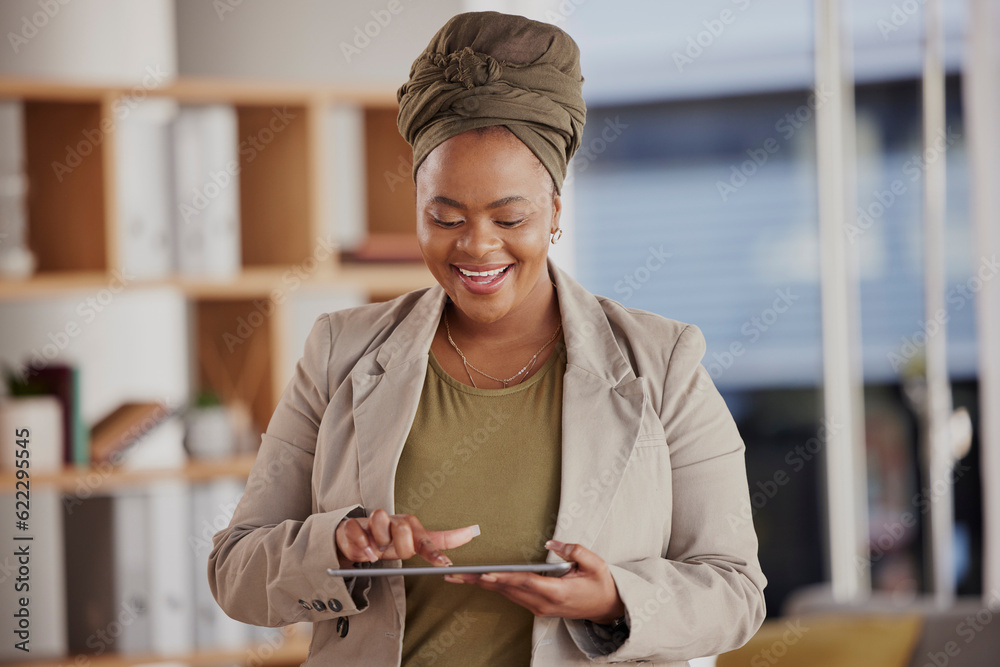 Business, black woman and tablet in office for planning research, company data and internet informat