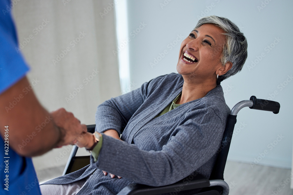 Happy woman with disability in wheelchair holding hands with nurse for support, physical therapy and