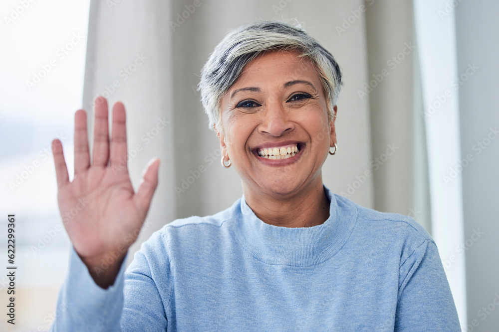 Wave, smile and portrait of old woman and video call for communication, contact and social media. He