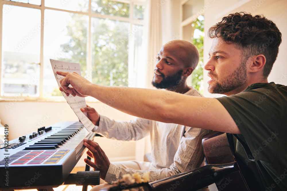 Music notes, piano and friends with guitar in home together to practice reading. Electric keyboard, 