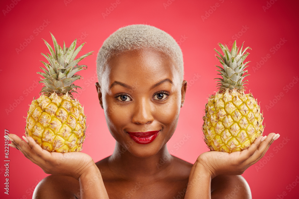 Woman, pineapple and studio portrait for skincare, beauty and diet for wellness, health and red back