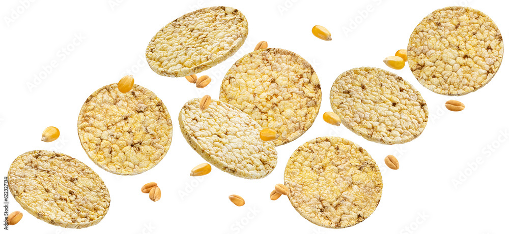 Corn biscuits, puffed rice and corn cakes isolated on white background