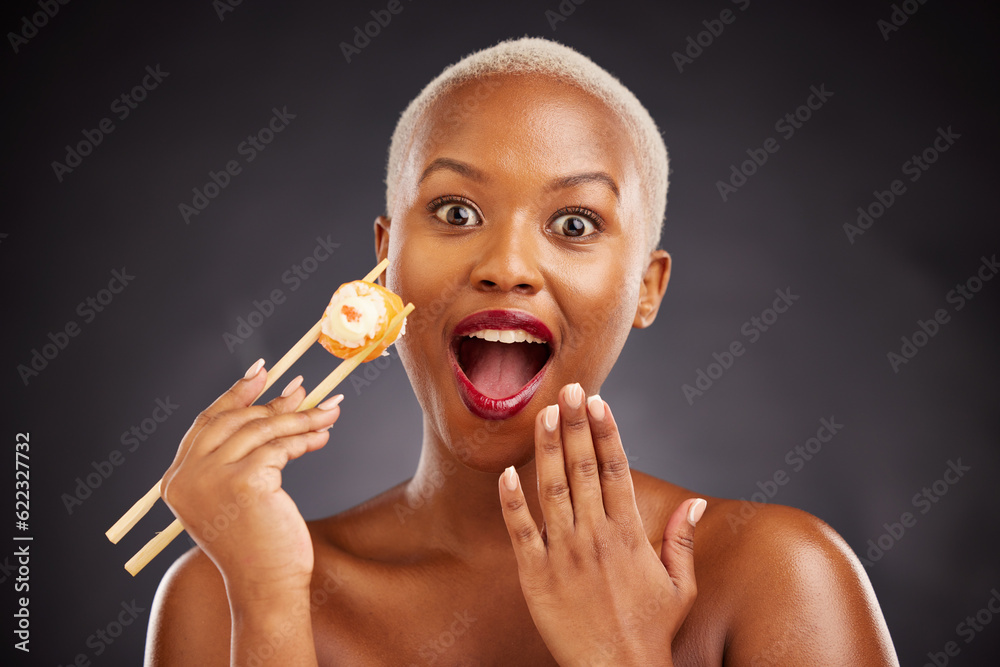 Face, surprise and woman with sushi and chopsticks in studio for healthy eating, beauty or food. Bla