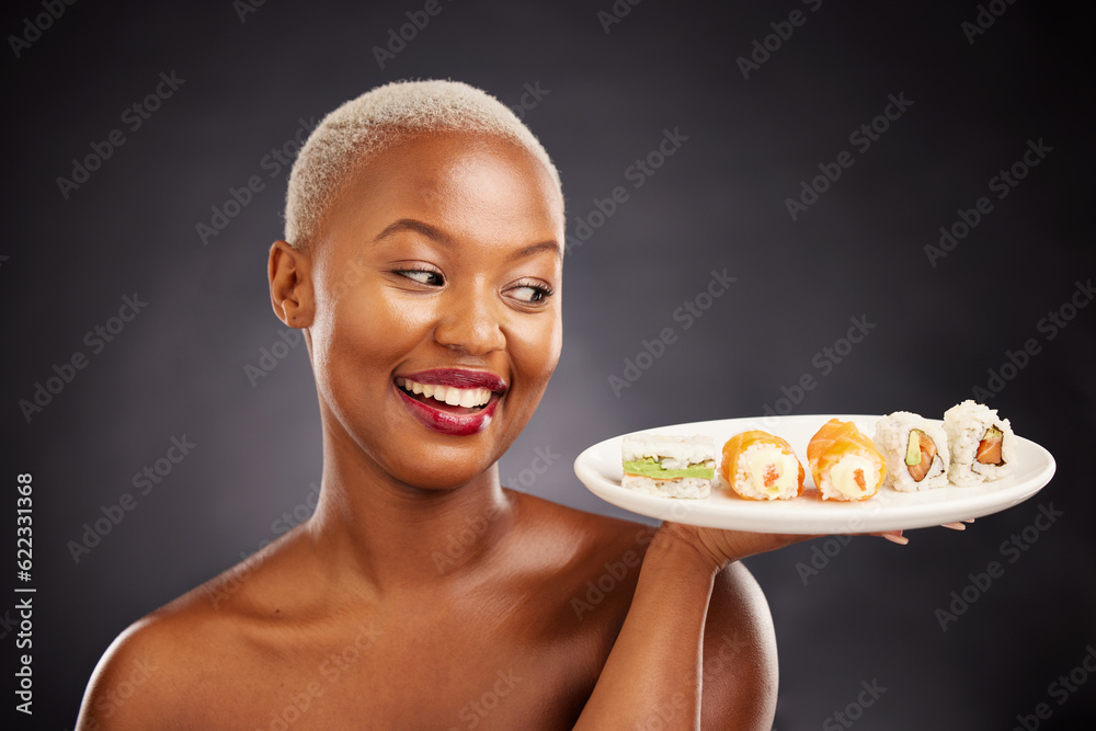 Happy, black woman and plate of sushi with salmon, rice and vegetables for eating a platter of fish,