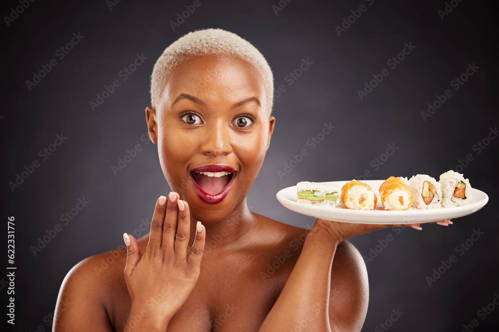 Surprise, sushi and portrait of woman with salmon, rice and excited for eating a platter of fish, se