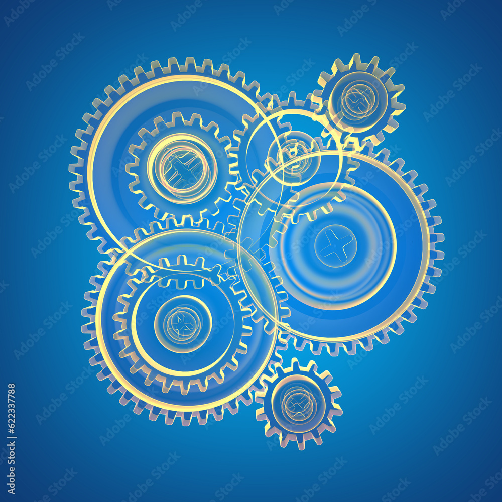 3d illustration of gear wheels system over blue background