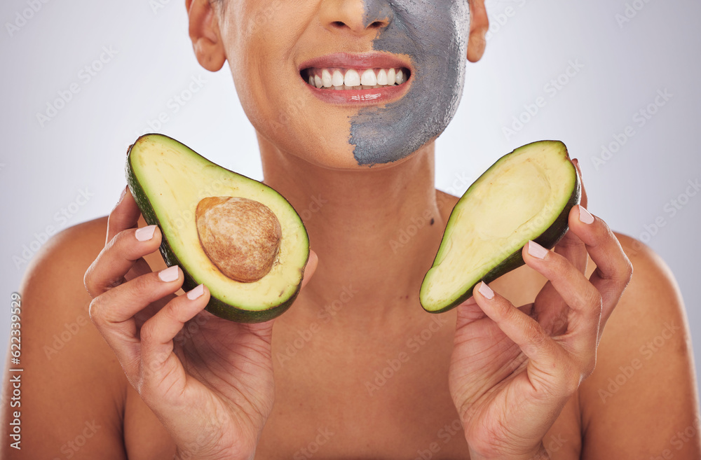 Woman, skincare, with avocado and face mask with charcoal, clay or natural beauty product for wellne