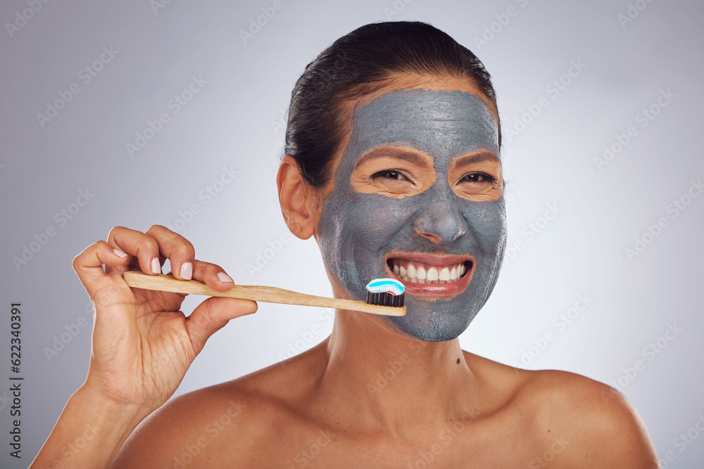 Woman, brushing teeth and skincare portrait for dental, eco friendly product and charcoal face mask.