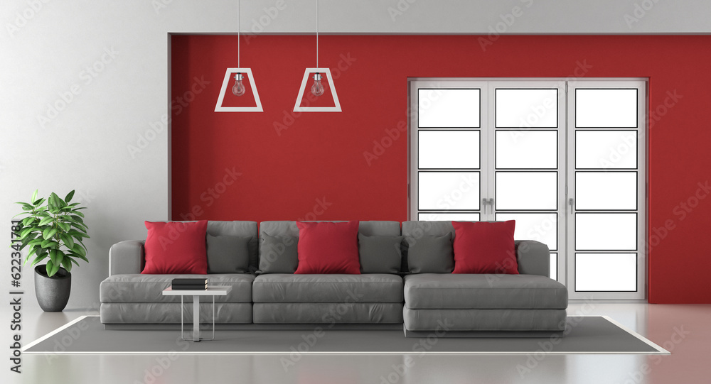 Red and gray modern living room with modern sofa and window on background - 3d rendering